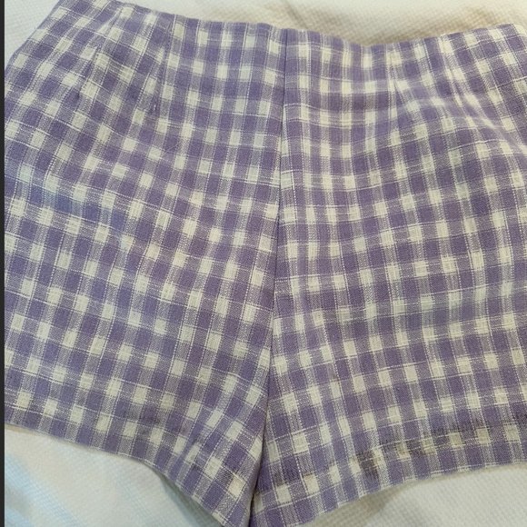 Zara Cotton Blend Purple White Micro Gingham Check High Waisted Mini Shorts - Picture 2 of 5